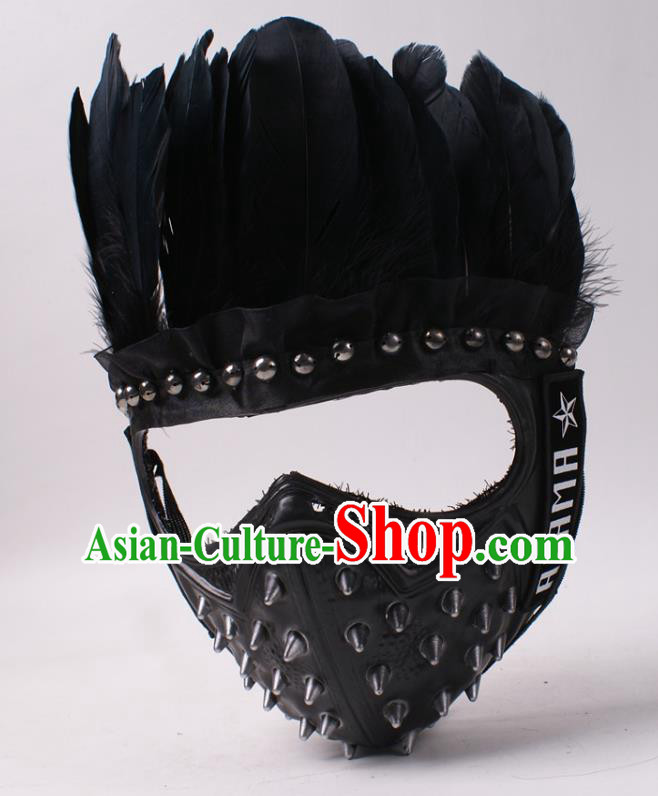 Party Performance Rivets Face Mask Professional Rio Carnival Headwear Cosplay Black Feather Mask
