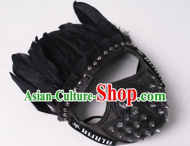 Party Performance Rivets Face Mask Professional Rio Carnival Headwear Cosplay Black Feather Mask
