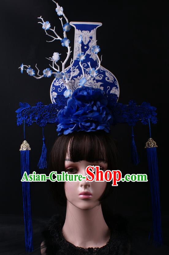 China Stage Show Headdress Catwalks Blue Vase Hair Crown Giant Peony Fan Hair Accessories