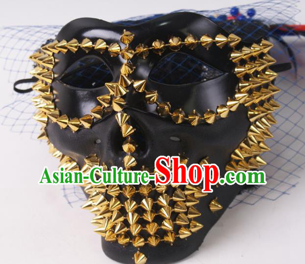 Professional Stage Performance Rivet Face Mask Rio Carnival Headwear Halloween Party Male Cosplay Black Mask