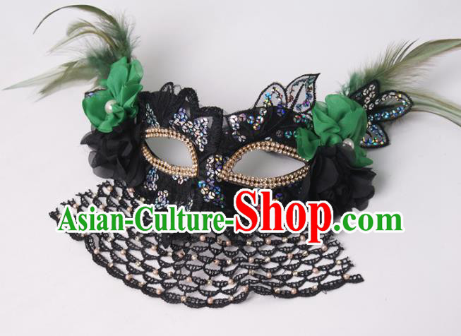Handmade Green Flower Face Mask Stage Performance Headpiece Halloween Cosplay Party Veil Feather Mask