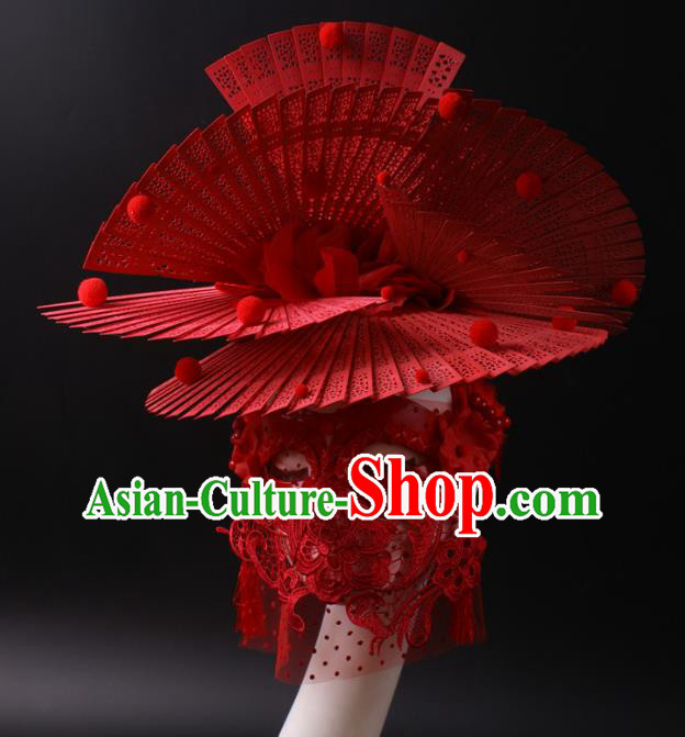 China Stage Show Headdress Catwalks Red Fans Hair Crown Giant Hair Accessories