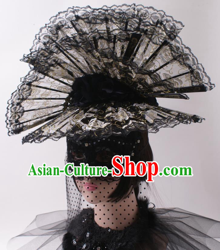 China Giant Hair Accessories Stage Show Headdress Catwalks Black Lace Fans Hair Crown