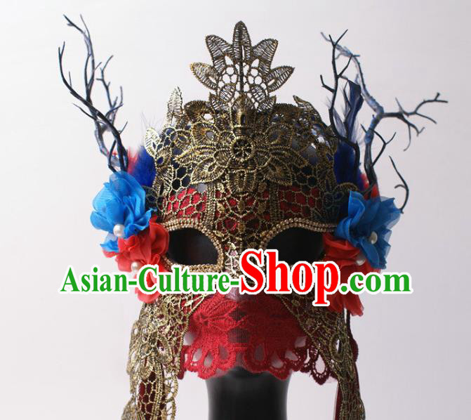 Handmade Stage Performance Blinder Headpiece Halloween Cosplay Party Red Lace Mask Carnival Flower Branch Full Face Mask
