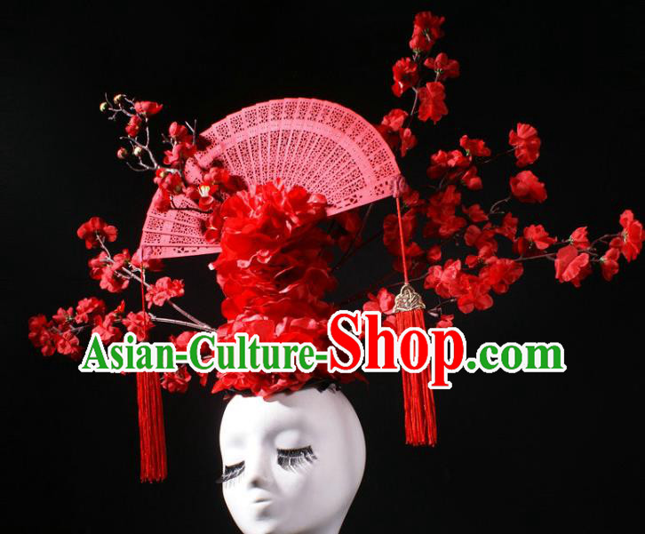 China Stage Show Headdress Catwalks Red Peony Plum Fan Hair Crown Giant Hair Accessories