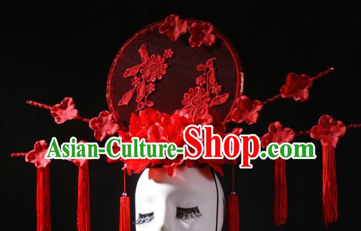 China Stage Show Moon Headdress Catwalks Red Peony Tassel Hair Crown Traditional Wedding Giant Hair Accessories