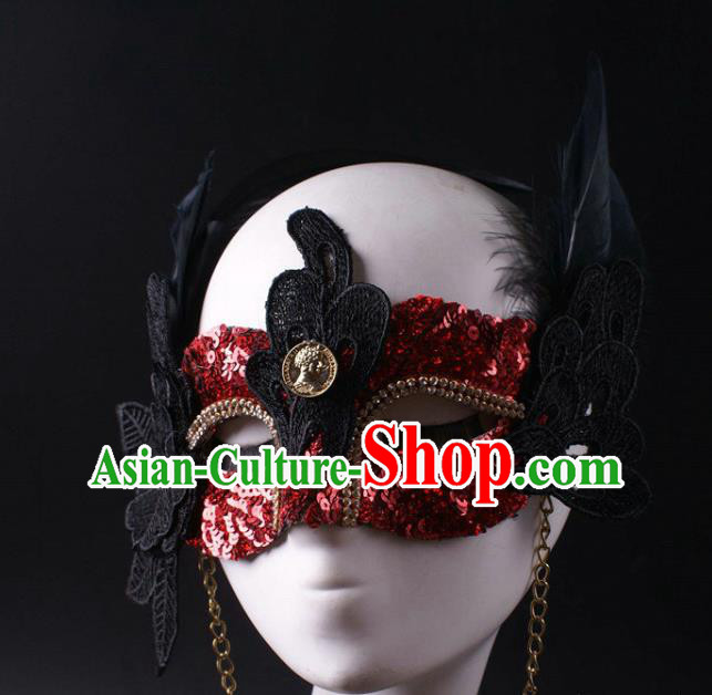 Handmade Halloween Cosplay Party Red Sequins Mask Carnival Black Feather Face Mask Stage Performance Blinder Headpiece