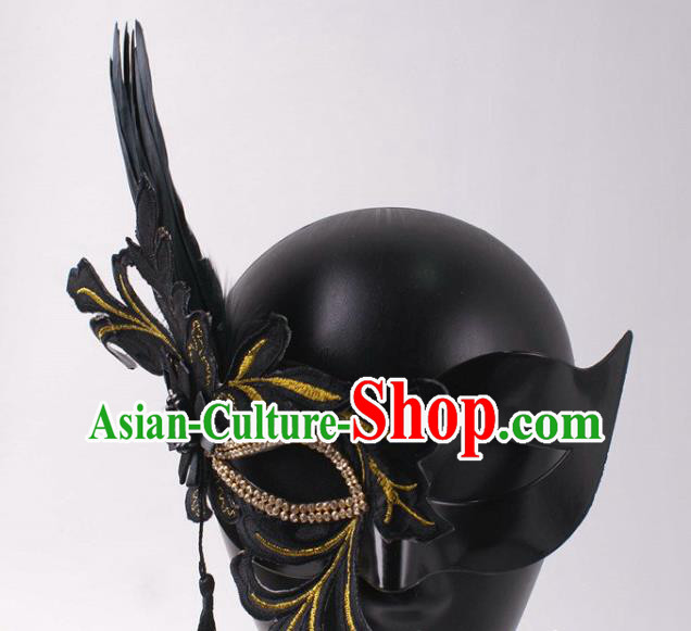 Handmade Carnival Black Feather Face Mask Stage Show Headpiece Halloween Cosplay Party Woman Mask