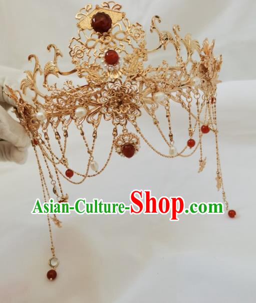 China Ming Dynasty Princess Golden Hair Crown Traditional Wedding Hanfu Hair Accessories Ancient Bride Phoenix Coronet