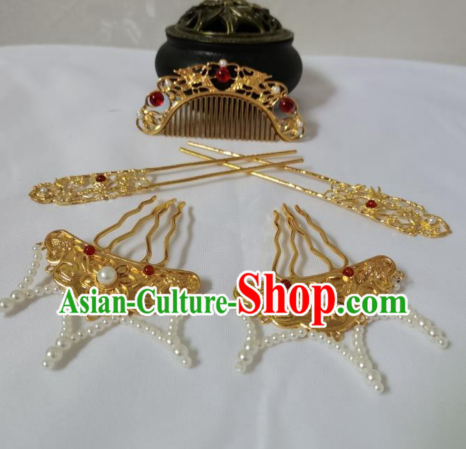 China Tang Dynasty Empress Hairpin Traditional Hanfu Hair Accessories Ancient Queen Golden Tassel Hair Combs Full Set