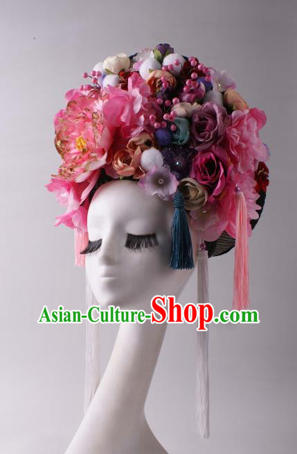 Top Stage Show Hair Crown Baroque Giant Headdress Rio Carnival Decorations Halloween Cosplay Silk Flowers Hat