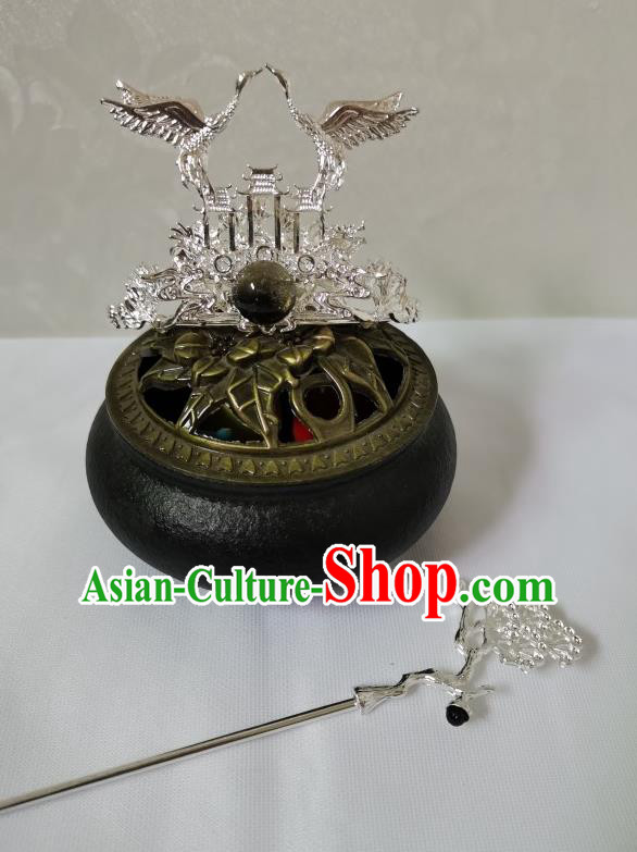 Chinese Traditional Tang Dynasty Scholar Argent Crane Hair Crown and Hairpin Ancient Prince Headwear