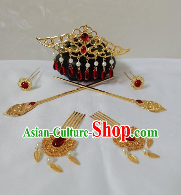 China Traditional Hanfu Hair Accessories Ancient Princess Golden Hair Combs Tang Dynasty Palace Lady Hairpins Full Set