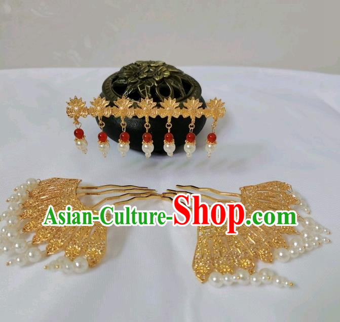 China Tang Dynasty Court Woman Hairpins Traditional Hanfu Hair Accessories Ancient Empress Golden Phoenix Hair Crown