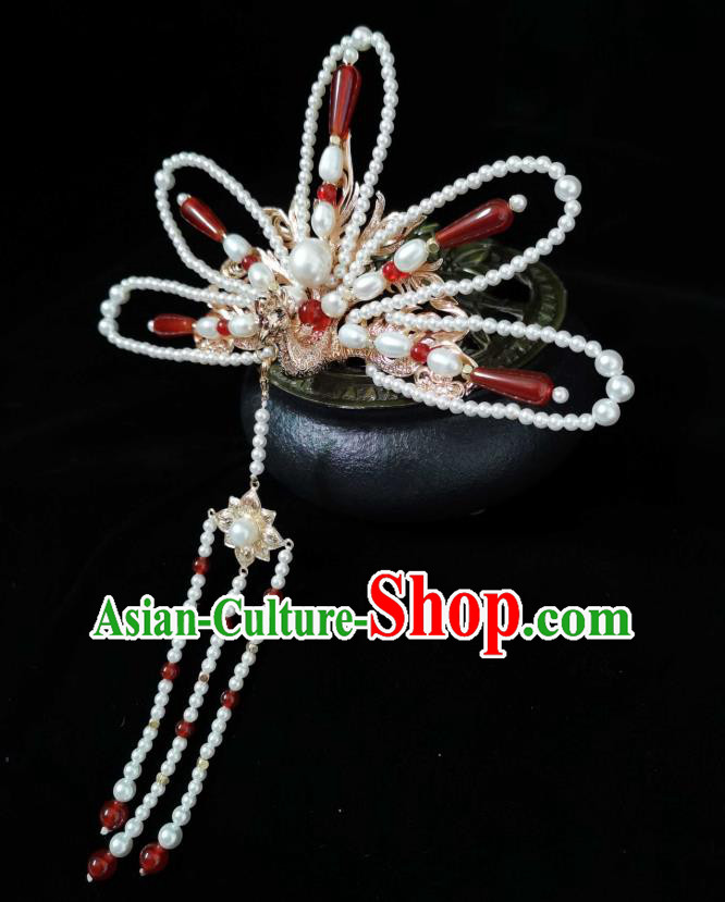 China Traditional Hanfu Headwear Ancient Queen Tassel Hairpin Ming Dynasty Empress Pearls Phoenix Hair Crown