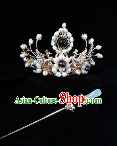 China Traditional Ancient Queen Hanfu Headwear Tang Dynasty Empress Golden Phoenix Hair Crown and Hairpin