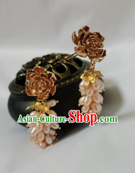 Handmade Chinese Traditional Tang Dynasty Princess Golden Peony Ear Accessories Ancient Palace Lady Pearls Tassel Earrings