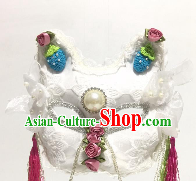 Handmade Stage Show Headpiece Halloween Cosplay Party Woman White Lace Cat Mask Carnival Full Face Mask