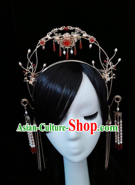 China Tang Dynasty Princess Golden Hair Crown Traditional Hanfu Hair Accessories Ancient Court Woman Tassel Hair Clasp