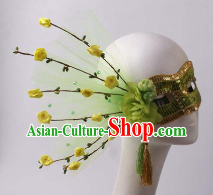 Handmade Halloween Cosplay Party Woman Green Flower Mask Carnival Sequins Face Mask Stage Show Blinder Headpiece