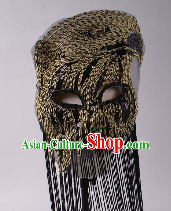 Halloween Party Male Cosplay Eagle Mask Professional Stage Performance Black Tassel Face Mask Rio Carnival Headwear