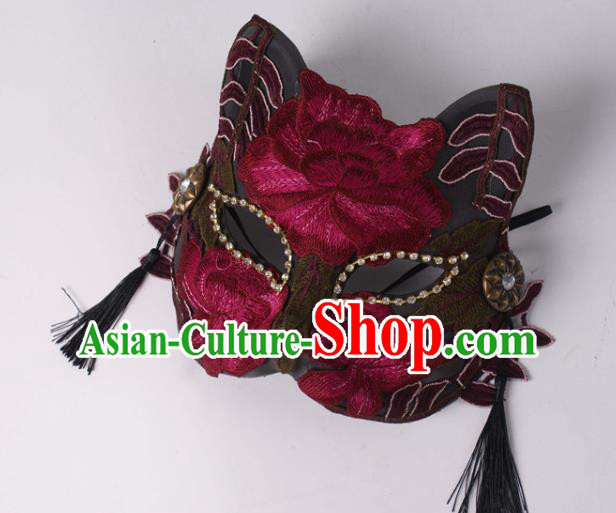 Handmade Stage Performance Blinder Headpiece Halloween Cosplay Party Wine Red Lace Mask Carnival Cat Full Face Mask