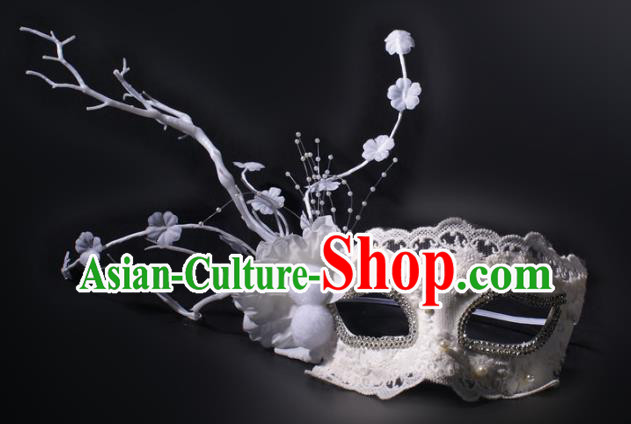 Halloween Party Male Cosplay White Lace Mask Professional Stage Performance Flowers Branch Face Mask Rio Carnival Blinder Headwear