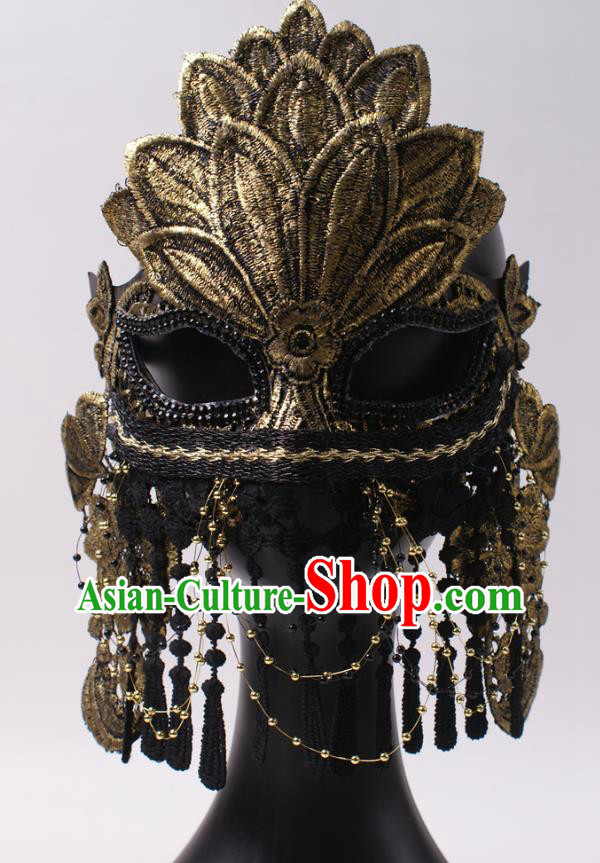 Rio Carnival Headwear Halloween Party Male Cosplay Golden Lace Mask Professional Stage Performance Full Face Mask