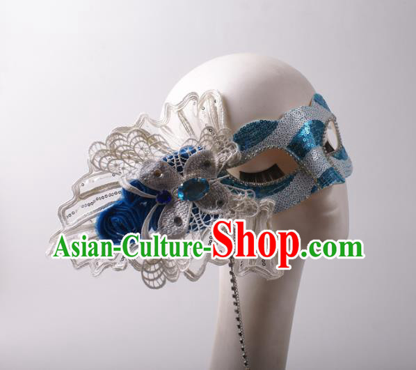 Handmade Stage Show Headpiece Halloween Cosplay Party Blue Sequins Blinder Mask Costume Ball Lace Butterfly Face Mask
