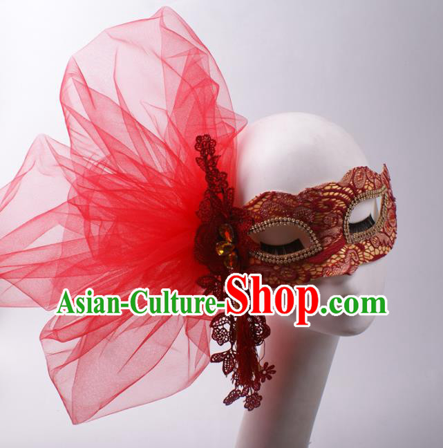 Handmade Costume Ball Female Face Mask Stage Show Headpiece Halloween Cosplay Party Red Veil Blinder Mask