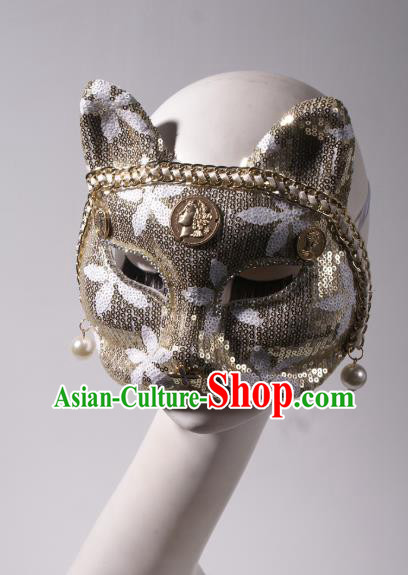 Handmade Stage Show Headpiece Halloween Cosplay Party Woman Fox Mask Costume Ball Golden Sequins Face Mask