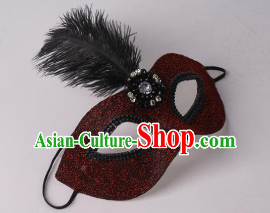 Handmade Halloween Cosplay Party Woman Dark Red Blinder Mask Costume Ball Face Mask Stage Show Feather Headpiece