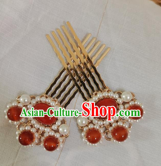 China Ming Dynasty Golden Hair Comb Traditional Ancient Empress Pearls Hair Accessories