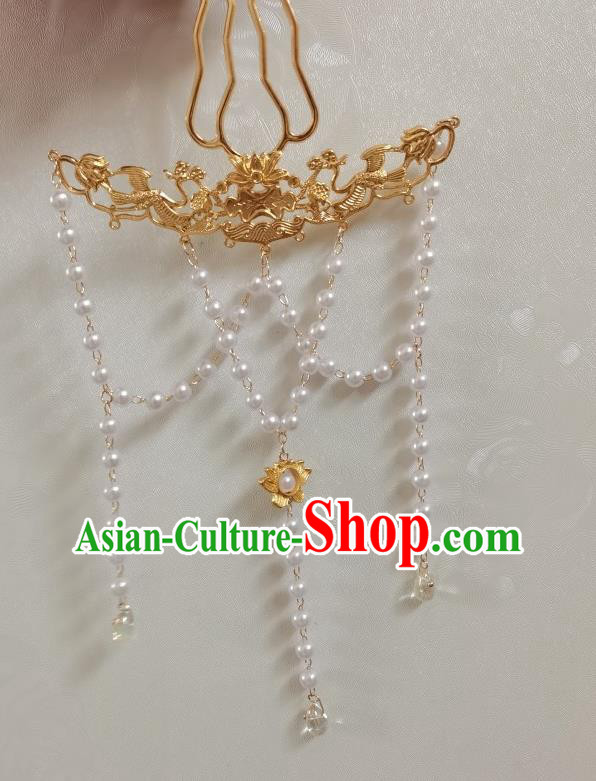 China Ming Dynasty Empress Golden Phoenix Hair Comb Traditional Hanfu Tassel Hair Stick Ancient Princess Hair Accessories