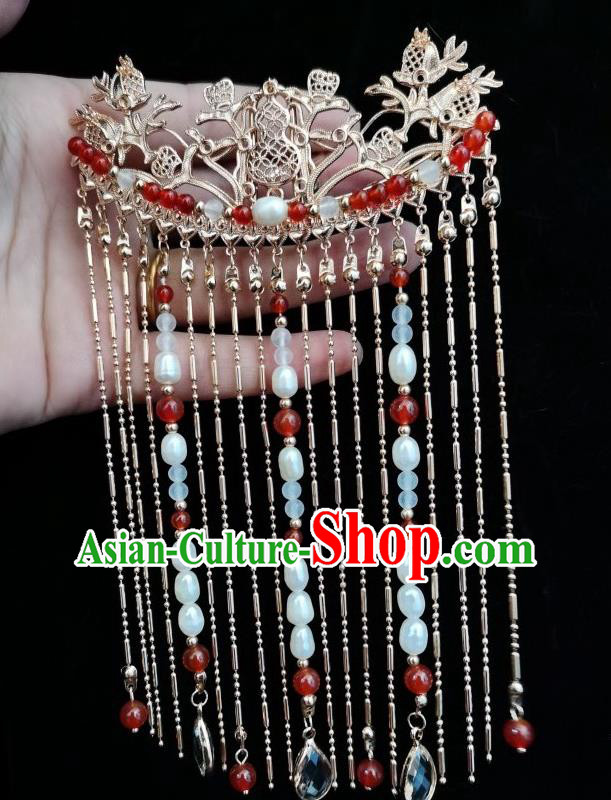China Ancient Imperial Concubine Golden Hairpin Traditional Ming Dynasty Empress Tassel Hair Comb