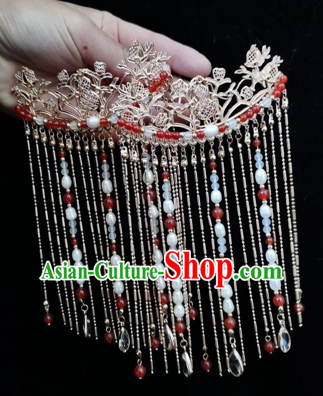 China Ancient Imperial Concubine Golden Hairpin Traditional Ming Dynasty Empress Tassel Hair Comb