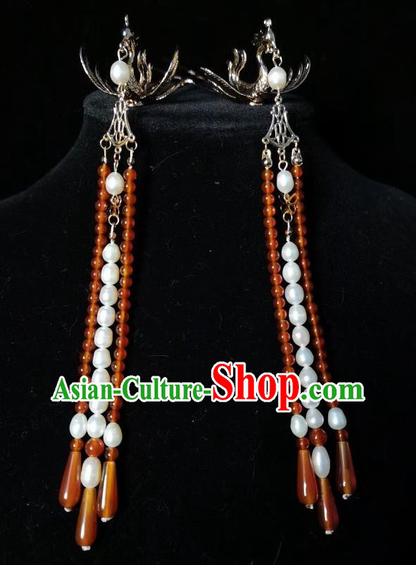 China Traditional Hanfu Golden Phoenix Hairpin Ancient Court Lady Hair Accessories Ming Dynasty Empress Red Beads Tassel Hair Stick