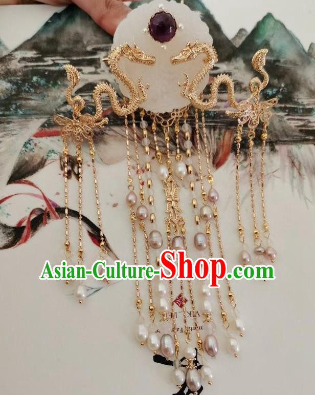 China Ancient Empress Golden Dragon Tassel Hairpin Traditional Hanfu Hair Accessories Ming Dynasty Court Jade Hair Crown