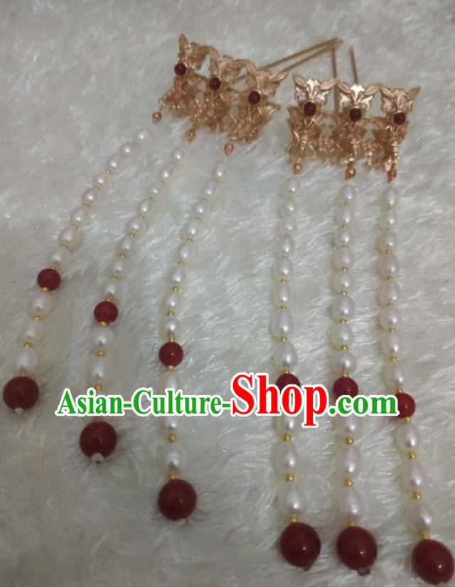 China Ancient Queen Golden Phoenix Hairpin Traditional Hanfu Hair Accessories Ming Dynasty Empress Pearls Tassel Hair Stick