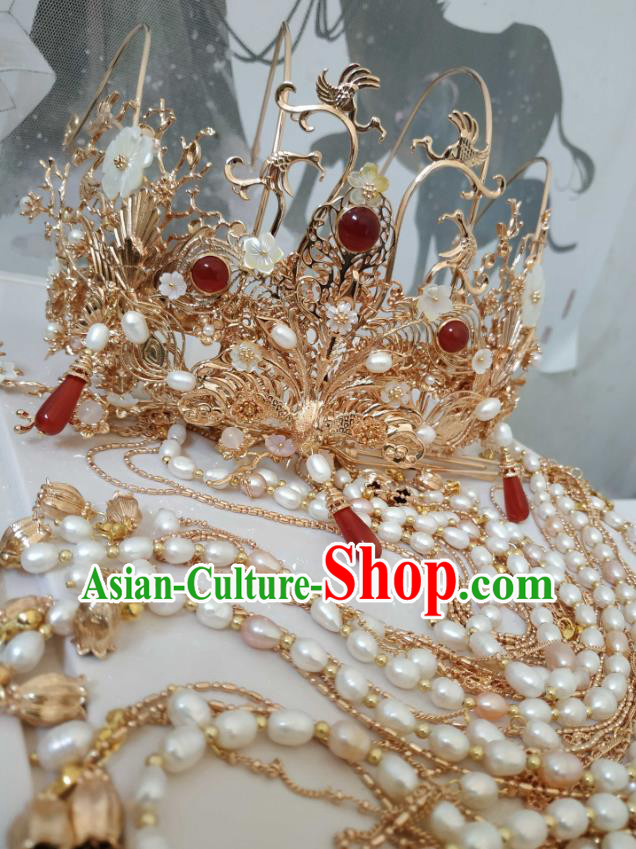 China Ancient Empress Golden Hair Crown Traditional Hanfu Hair Accessories Ming Dynasty Pearls Tassel Phoenix Coronet