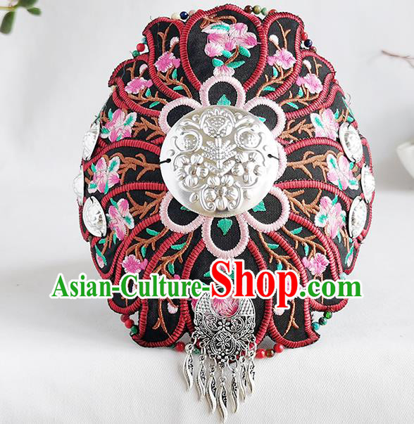 China Handmade Silver Black Headband Ethnic Folk Dance Hair Accessories Yunnan Minority Woman Embroidered Hair Clasp