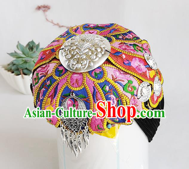 China Handmade Embroidered Pink Headband Ethnic Folk Dance Headdress Yunnan Minority Woman Silver Hair Clasp