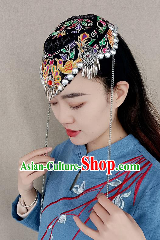 China Handmade Ethnic Folk Dance Headband Yunnan Minority Woman Black Embroidered Hat Silver Tassel Hair Accessories
