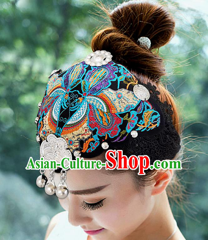China Silver Tassel Hair Accessories Handmade Ethnic Folk Dance Headband Yunnan Minority Woman Embroidered Butterfly Hat