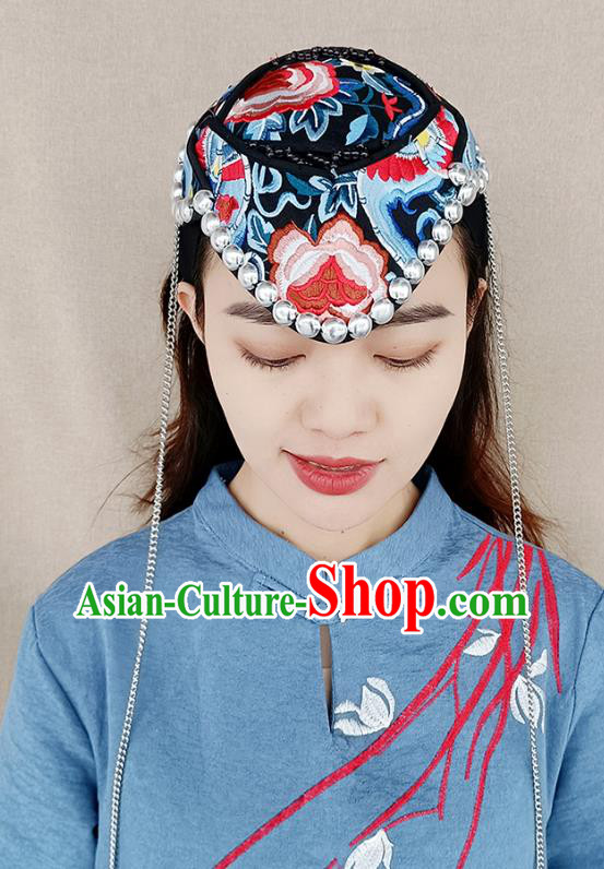 China Yunnan Minority Woman Embroidered Hat Ethnic Folk Dance Hair Accessories Handmade Silver Tassel Headband