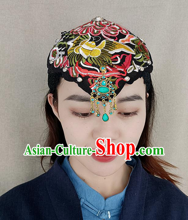 China Handmade Black Cloth Headband Yunnan Minority Woman Embroidered Hair Clasp Ethnic Peacock Dance Hair Accessories