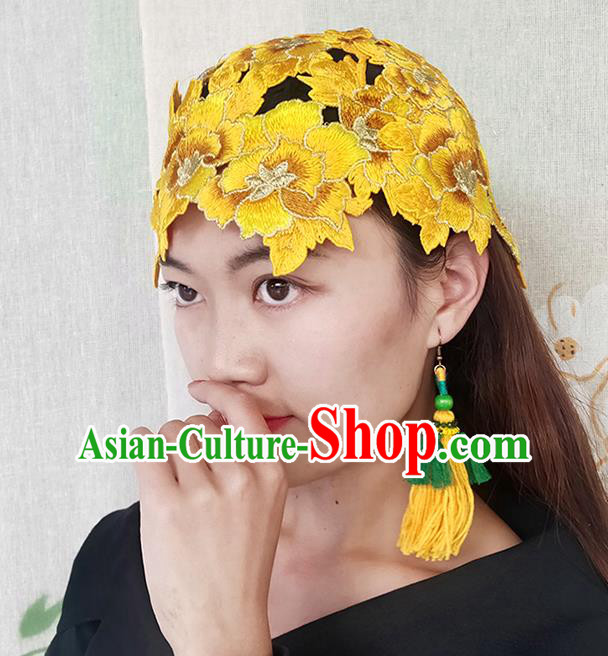 China Handmade Ethnic Folk Dance Headband Yunnan Minority Hair Clasp National Woman Embroidered Yellow Flowers Hat