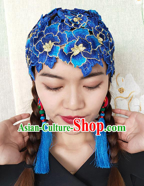 China National Woman Embroidered Royalblue Flowers Hat Handmade Ethnic Folk Dance Headband Yunnan Minority Hair Clasp