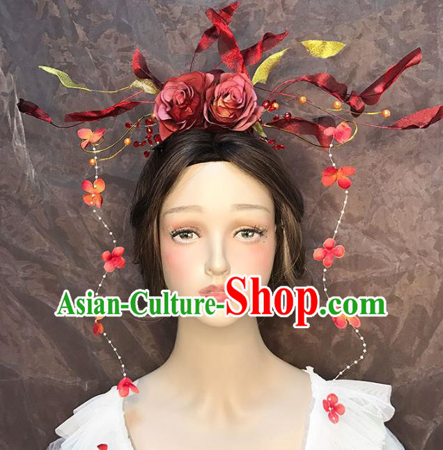 Top Stage Show Red Rose Hair Crown Catwalks Headdress Baroque Bride Hair Accessories