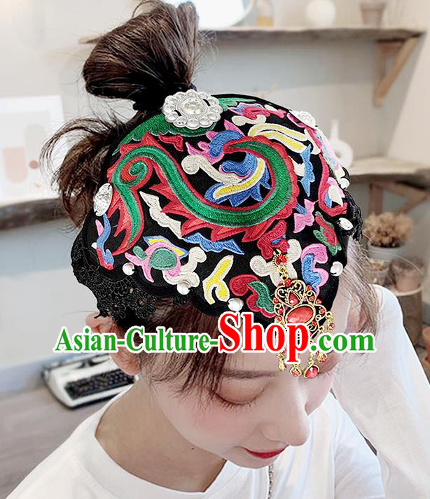 China Yunnan Minority Woman Embroidered Hair Clasp Ethnic Peacock Dance Headwear Handmade Black Cloth Headband